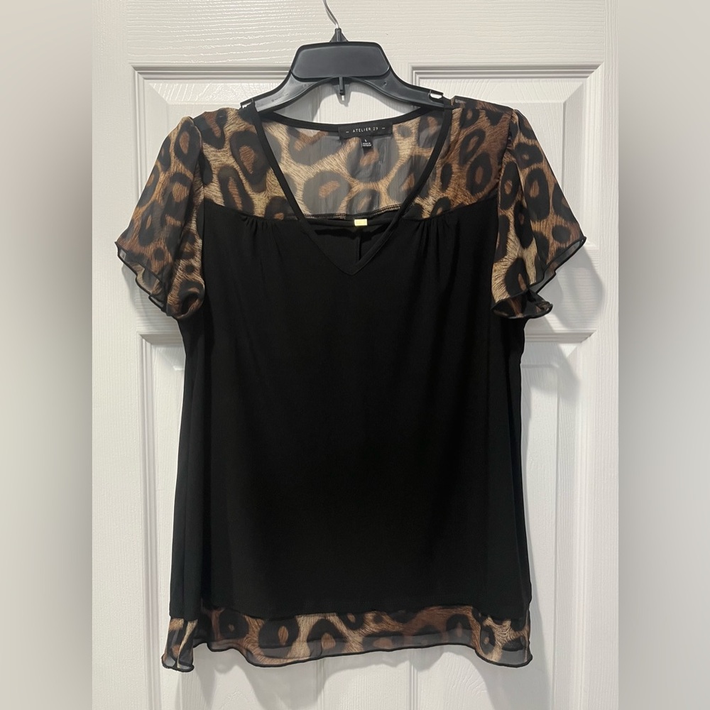 Atelier 29 Leopard Sleeve Sheer Black Blouse Large